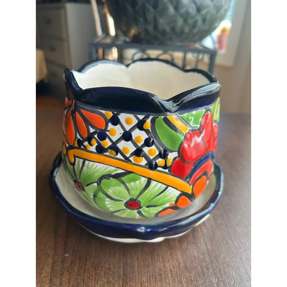 Talavera Pot Planter with Saucer Small Hand Painted Indoor Outdoor floral 5.5”